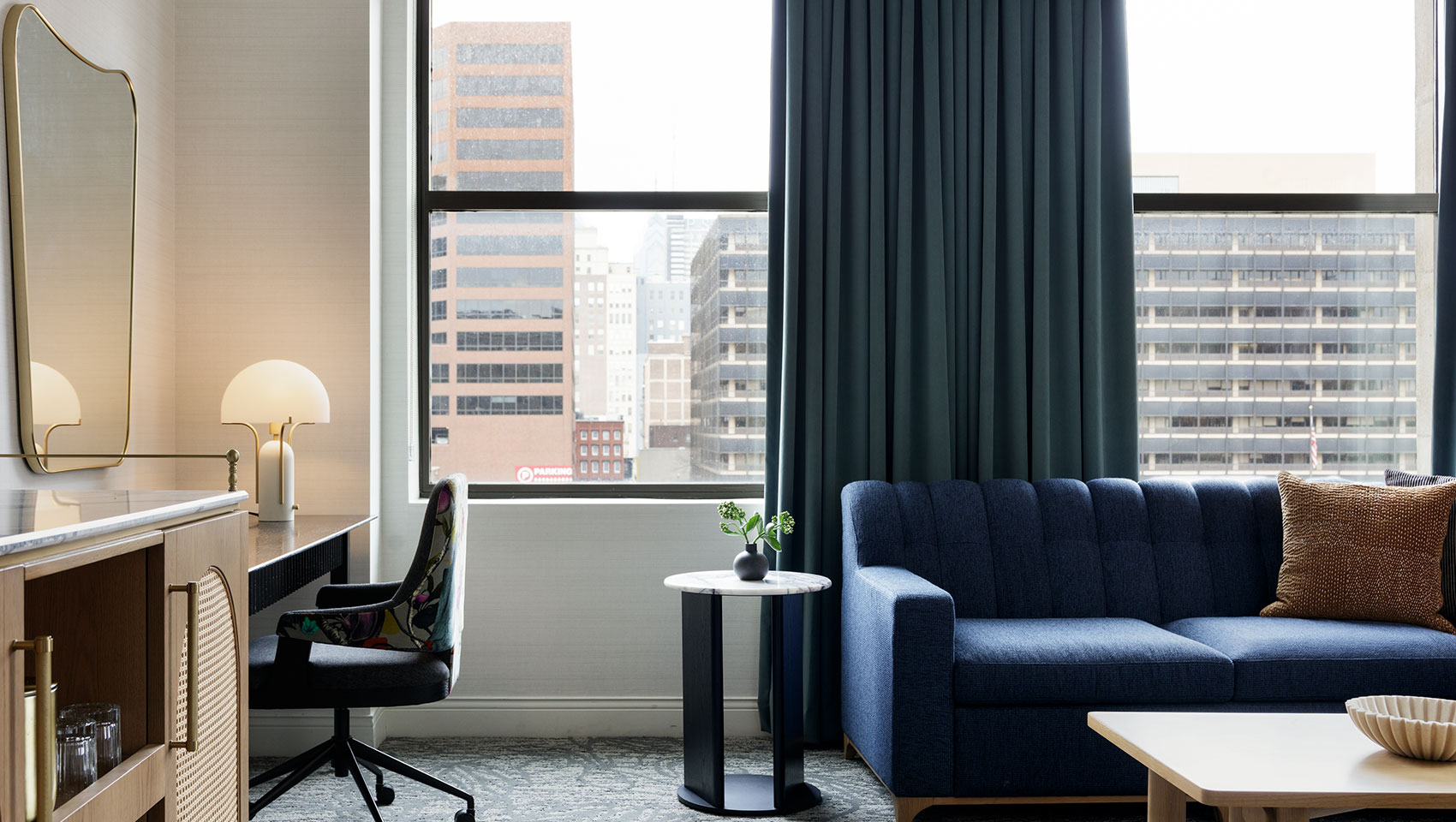Couch and desk in Corner Suite at Kimpton Hotel Monaco Philadelphia