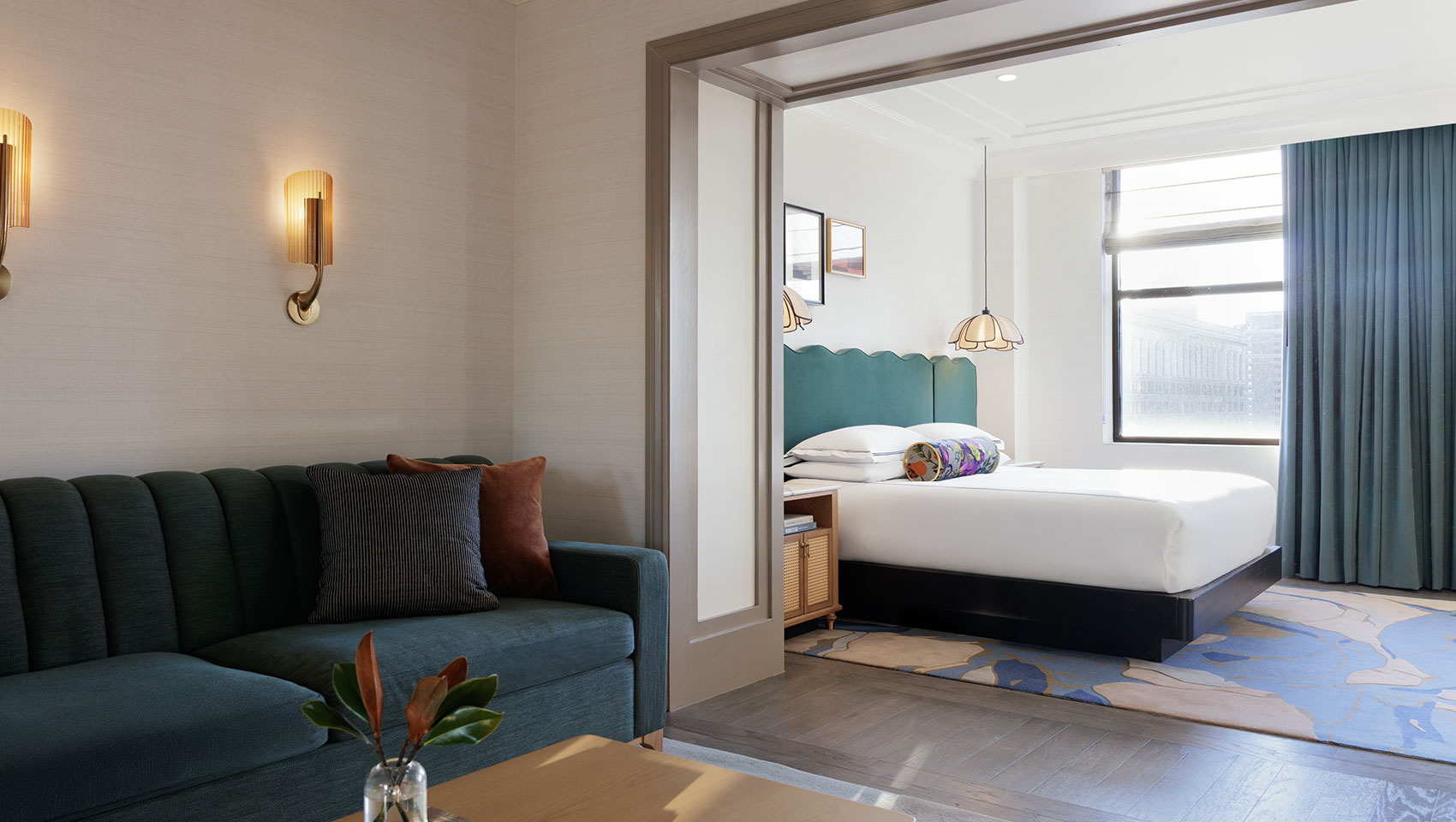 View of bedroom from sitting area in presidential suite at Kimpton Hotel Monaco Philadelphia