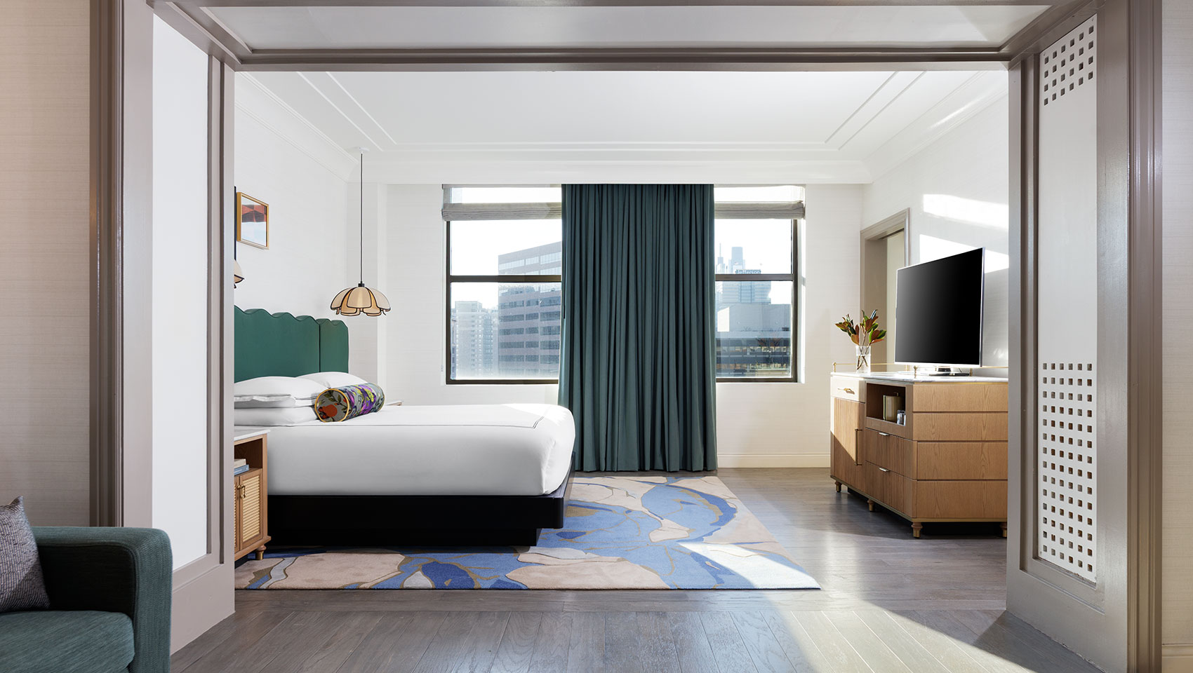 View of bedroom from sitting area in presidential suite at Kimpton Hotel Monaco Philadelphia