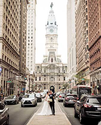 Wedding photo of Bride and Groom in front of Philadelphia City Hal